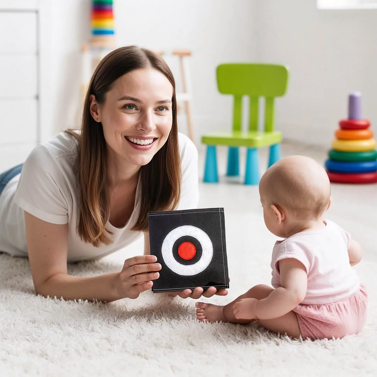 terapeuta de bebés sosteniendo bebé sosteniendo un libro sensorial de fieltro con formas geoméicas y alto contraste