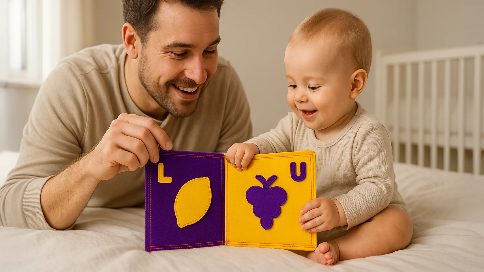 Bebé siguiendo con la vista una figura en un libro de fieltro.