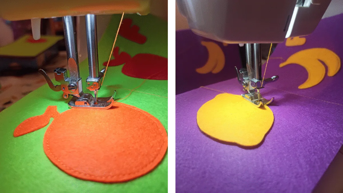 Detalles de costura del proceso de creación de un feltybook